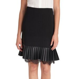 Karl Lagerfeld Classic Pleated Faux Leather Lace Trim Pencil Skirt Size 8 Black